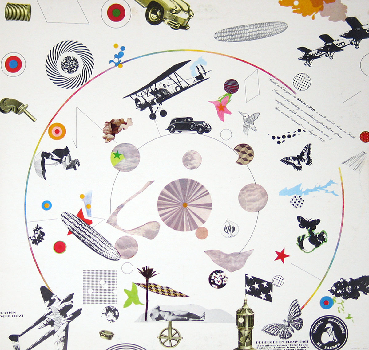 , butterflies, abstract geometric patterns, and a spinning wheel design. A large circular rainbow arc frames various floating objects, including a zeppelin, a hummingbird, and star-spangled patterns, creating a dreamlike composition.The inside artwork of Led Zeppelin III features a surreal collage with vintage airplanes, classic automobiles